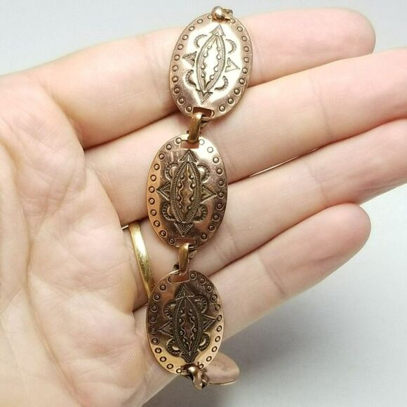 Vintage Stamped Copper Panel Disc Link Bracelet, Southwestern Style, Hook Clasp - Picture 2 of 6